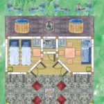 2 Raum Gartenhaus mit Stein Mosaik-Terrasse und Badefass und Feuerstelle
