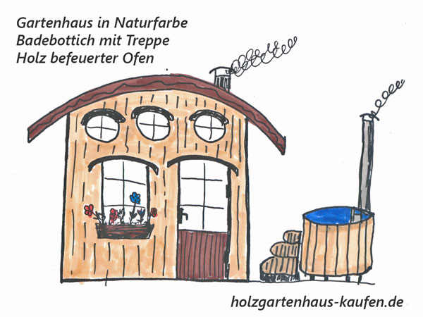 Holzgartenhaus mit Badebottich mit Holz befeuertem Ofen